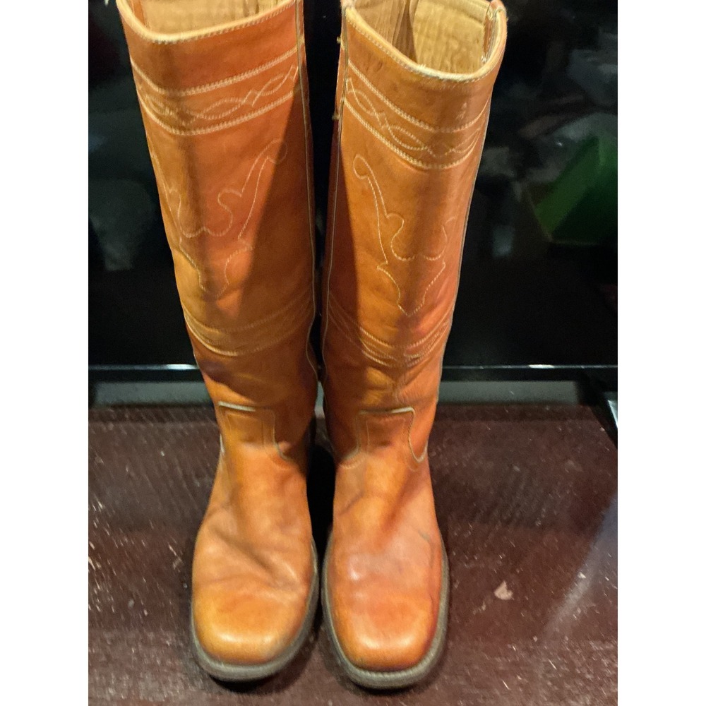 Vintage Frye 1970's Stitching Horse Tan Leather Western Tall Boots Mens 9D USA